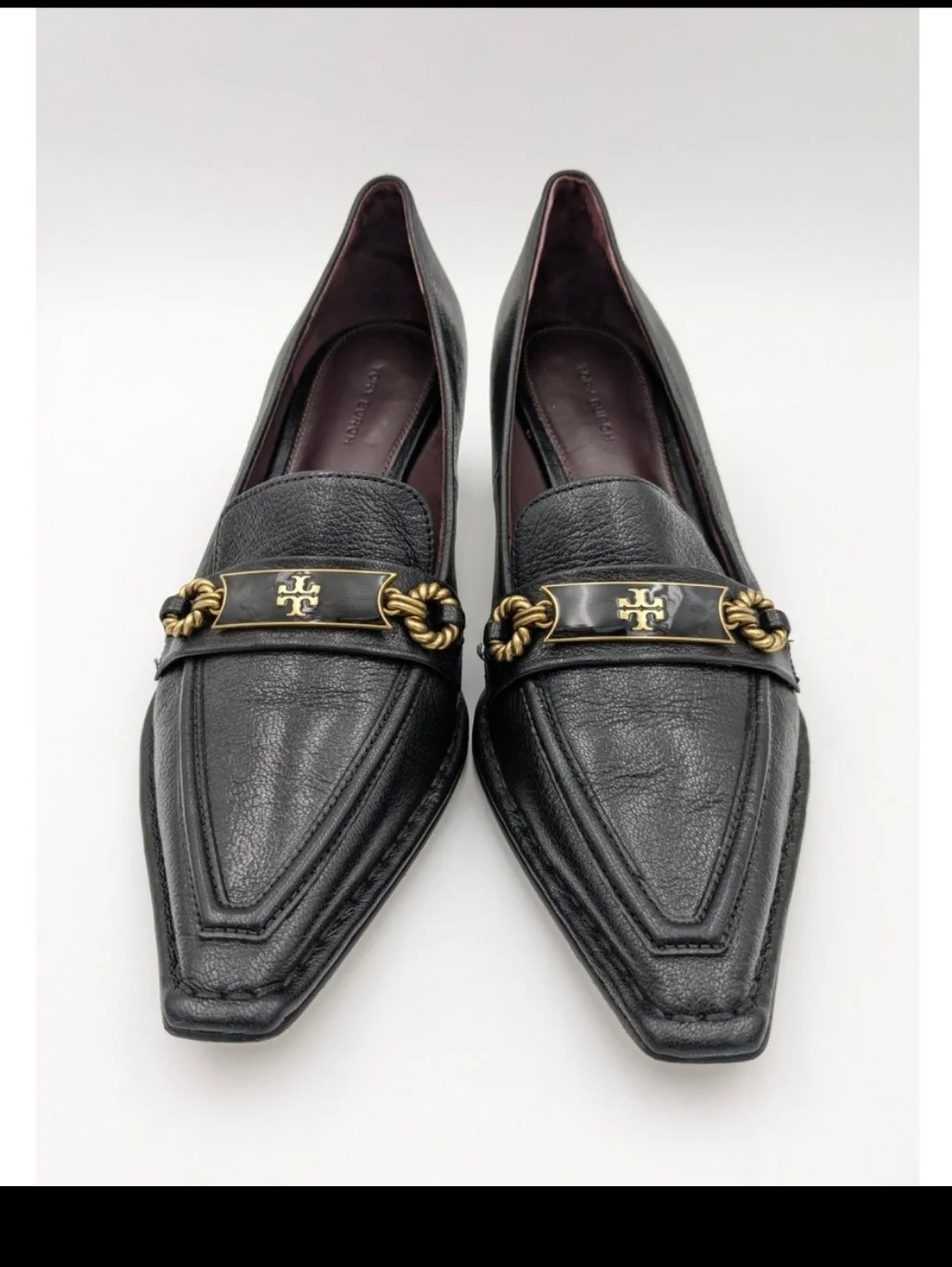 Tory Burch Black Leather Pointed Kitten Heel Loafers with Gold Hardware